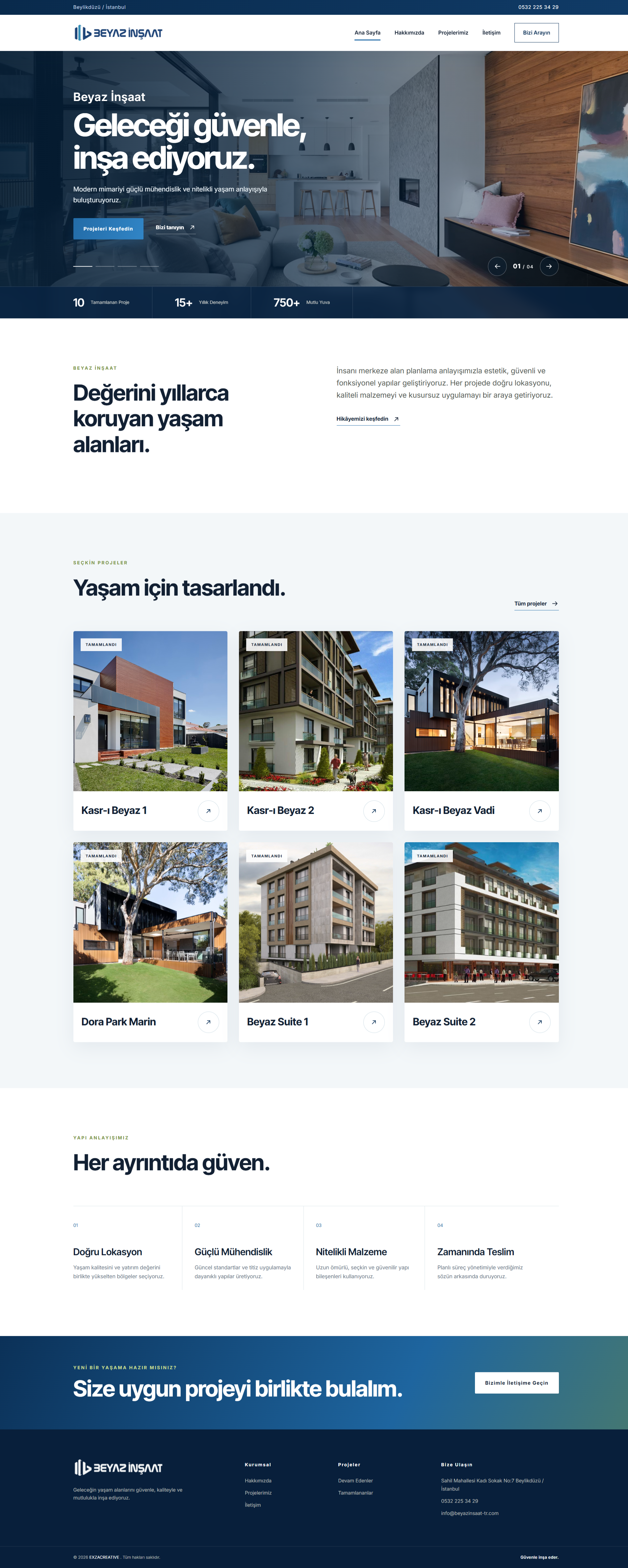 ExzaCreative tarafından tasarlanan Beyaz İnşaat konut projesi web sitesi arayüzü